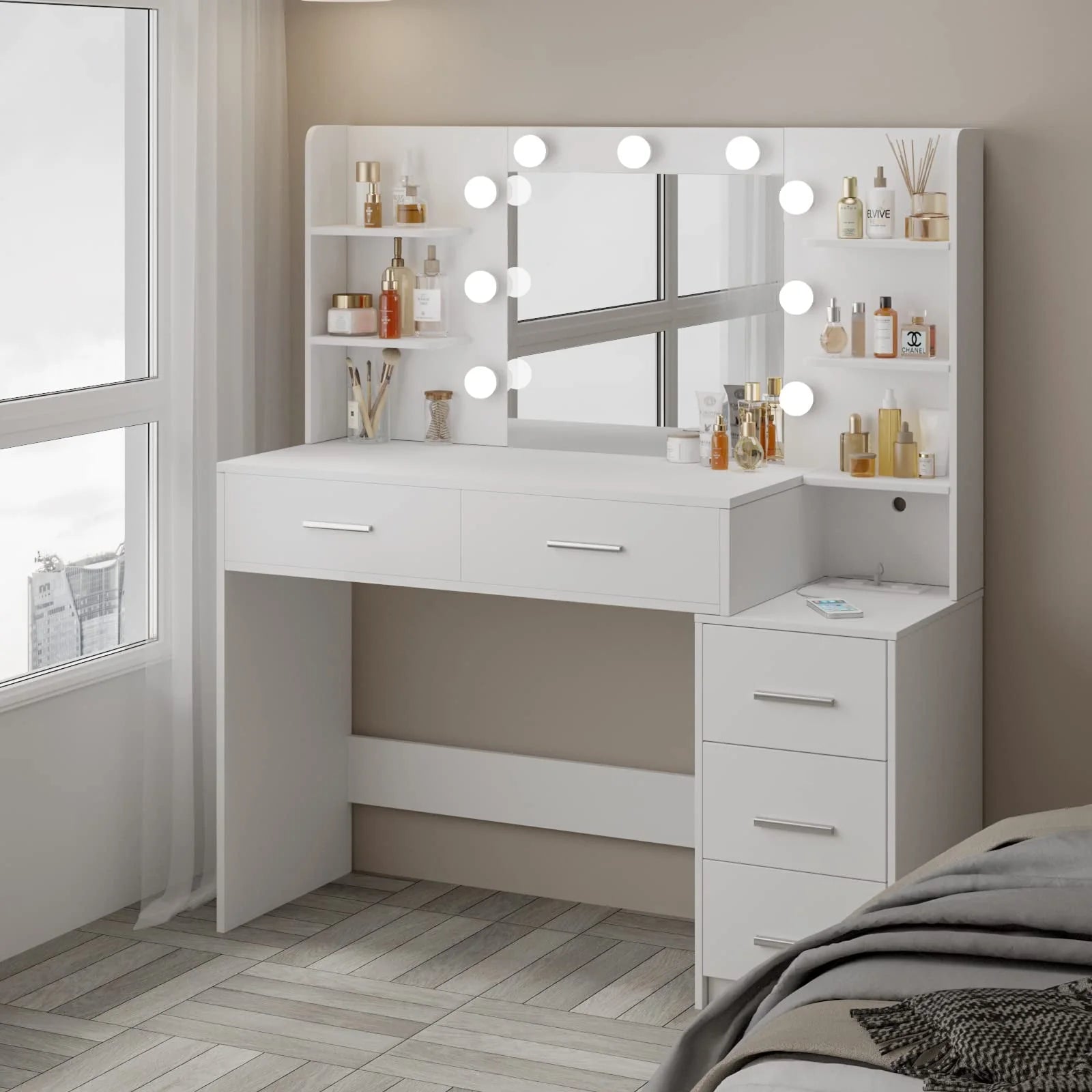 Makeup Vanity with Mirror and Lights,3 Lighting Colors,Bedroom Vanity Table with Charging Station,White Make Up Desk with 5 Drawers Storage and Open Shelves