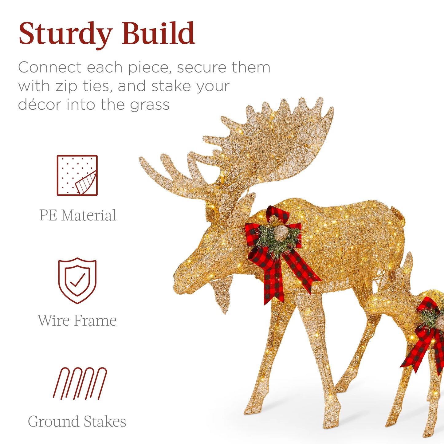 Best Choice Products 2-Piece Moose Family Lighted Christmas Yard Decor Set w/170 LED Lights, Stakes, Zip Ties - Gold