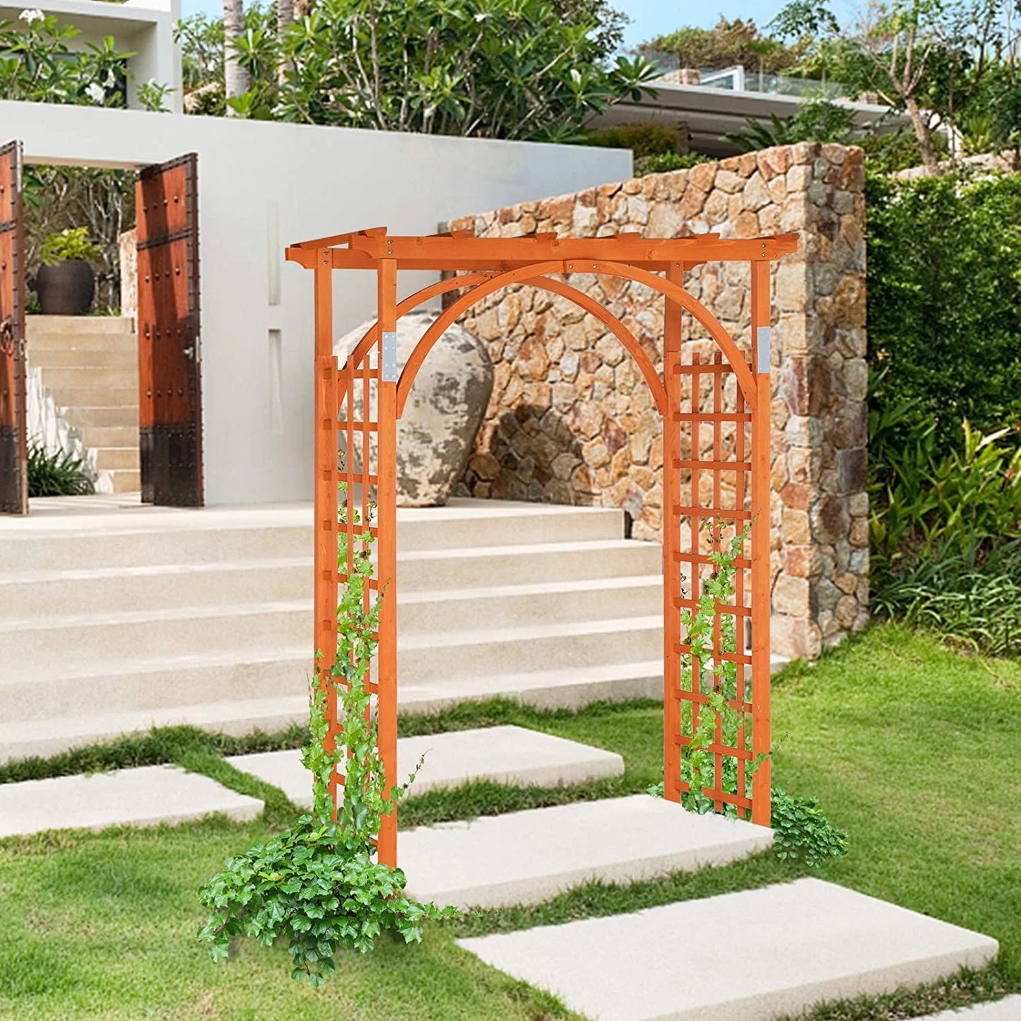 Galaxera 85in Wooden Arbor, Wedding Arch for Ceremony, Wood Trellis for Plant Climbing, Christmas Decor Pergola for Garden Backyard, Lawn (Teak)