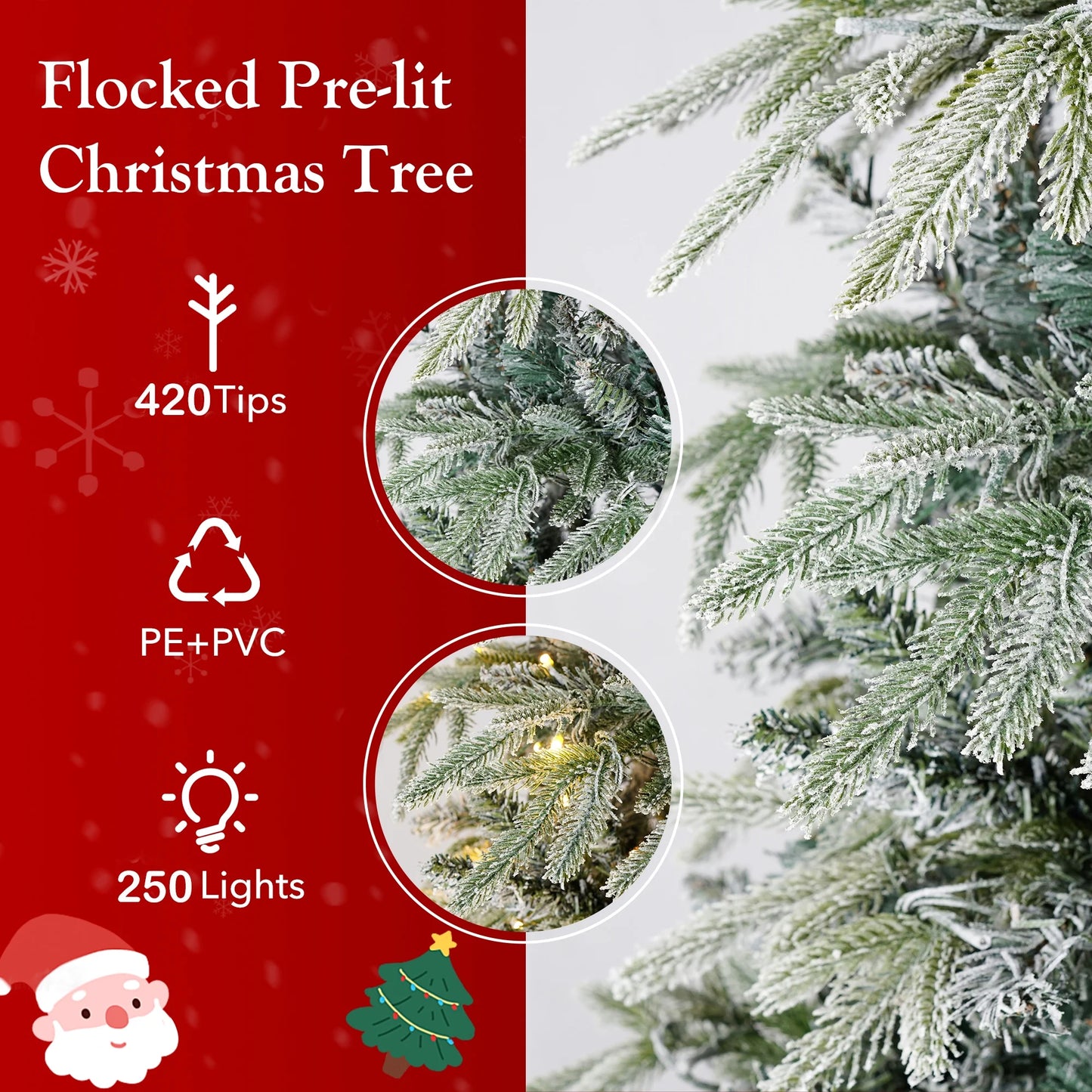 Qunler 7ft Pre-lit Snow Flocked Artificial Christmas Tree with 300 Warm Lights 8 Modes, 700 PE+PVC Snowy Branches, White
