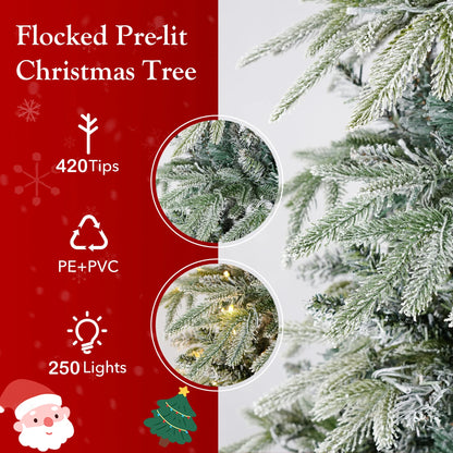 Qunler 7ft Pre-lit Snow Flocked Artificial Christmas Tree with 300 Warm Lights 8 Modes, 700 PE+PVC Snowy Branches, White