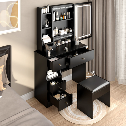 Vanity Set with Stool, Black Vanity Desk with Mirror, 5 Drawers and 2-Layer Shelves, LED Three-Tone Lighting, Particle Board With Triamine Coating, Solid Wood Legs With Copper Sheath Decoration