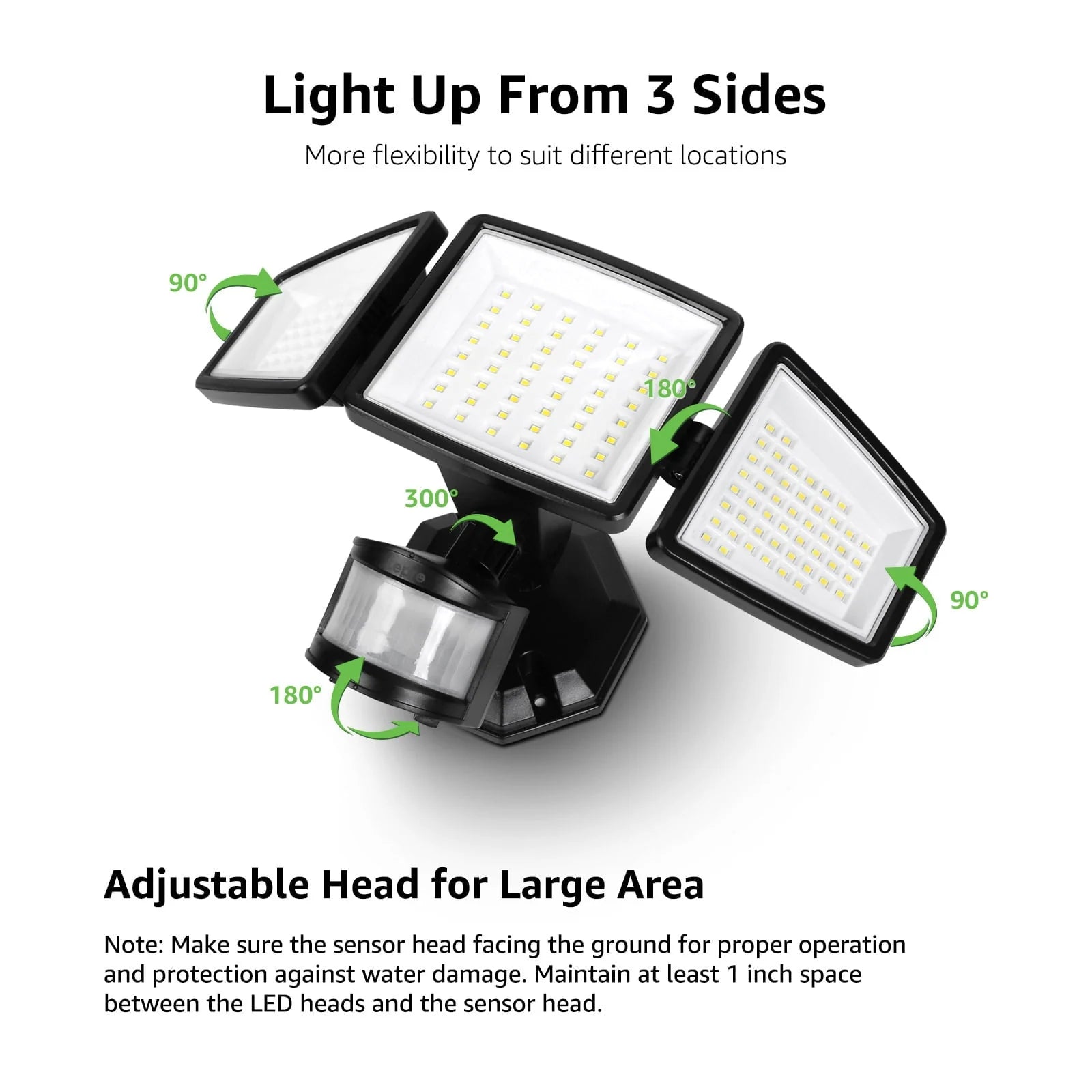 Lepro Motion Sensor Outdoor Light , LED Security Flood Lights with 3 Adjustable Heads, 270° Wide Lighting Angle, 27W 3200LM Super Bright, IP65 Waterproof for Yard Porch Garage, Black