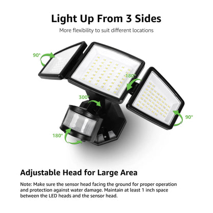Lepro Motion Sensor Outdoor Light , LED Security Flood Lights with 3 Adjustable Heads, 270° Wide Lighting Angle, 27W 3200LM Super Bright, IP65 Waterproof for Yard Porch Garage, Black