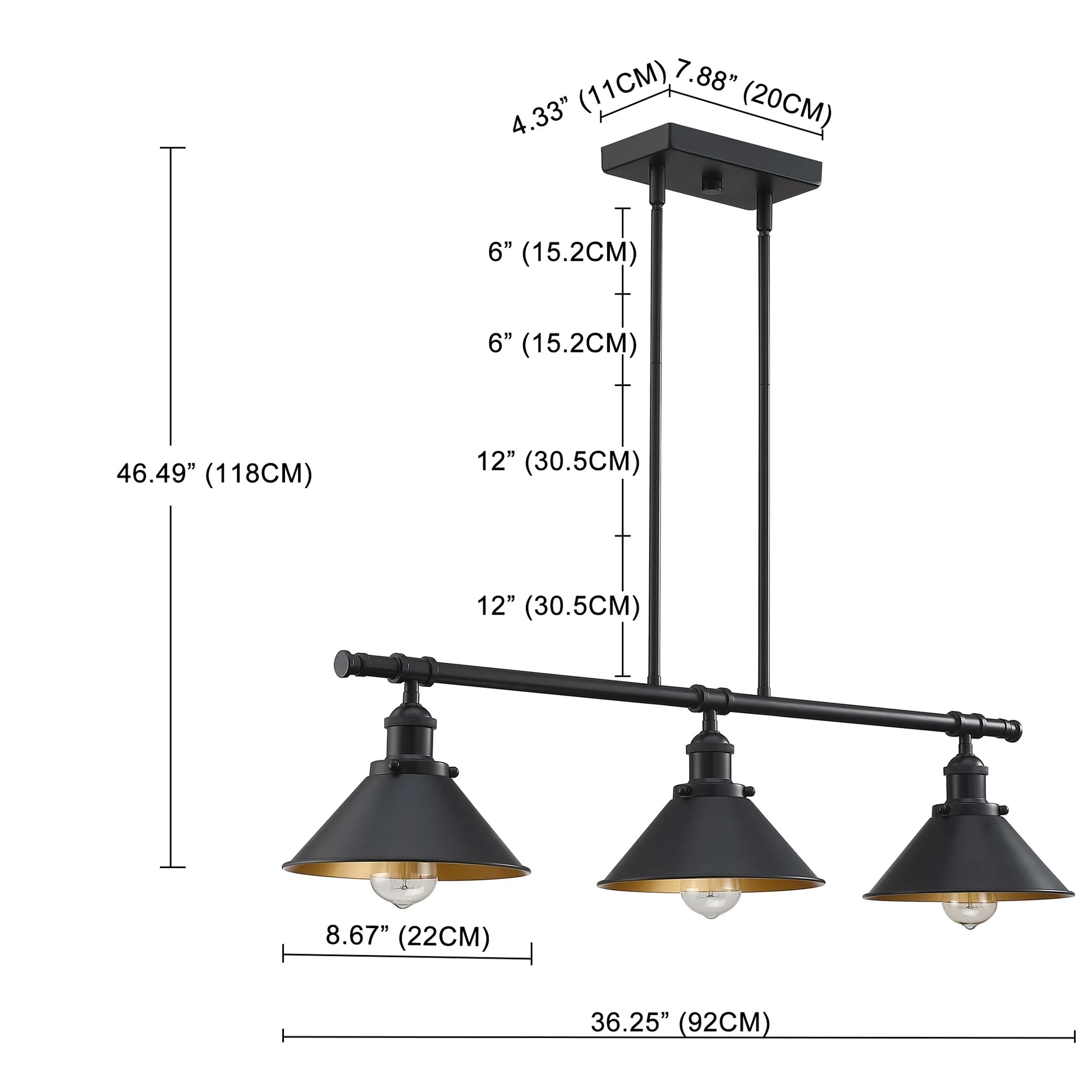 3-Light Matte Black Pendant Lighting for Kitchen Island Industrial Ceiling Mount Light Fixture for Dining Room, Living Room, Dining Table, Bars with Gold Painting Inside Finish
