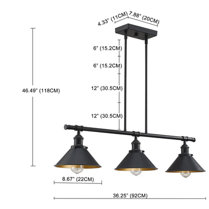 3-Light Matte Black Pendant Lighting for Kitchen Island Industrial Ceiling Mount Light Fixture for Dining Room, Living Room, Dining Table, Bars with Gold Painting Inside Finish
