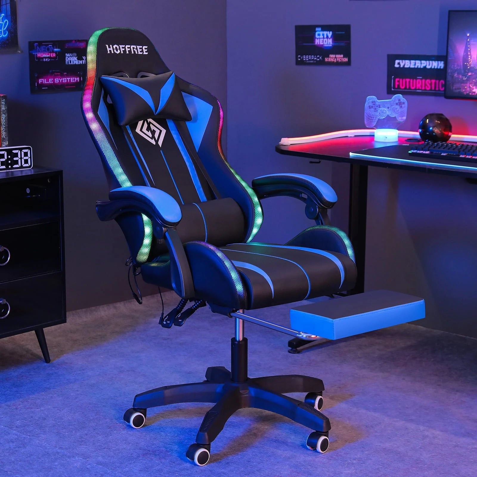 Hoffree Gaming Chair with Massage Office Chair Ergonomic Gamer Chair with LED Light Adjustable Headrest Lumbar Support Footrest Swivel High Back Computer Chair for Adults Teens Christmas,Xmas Gift