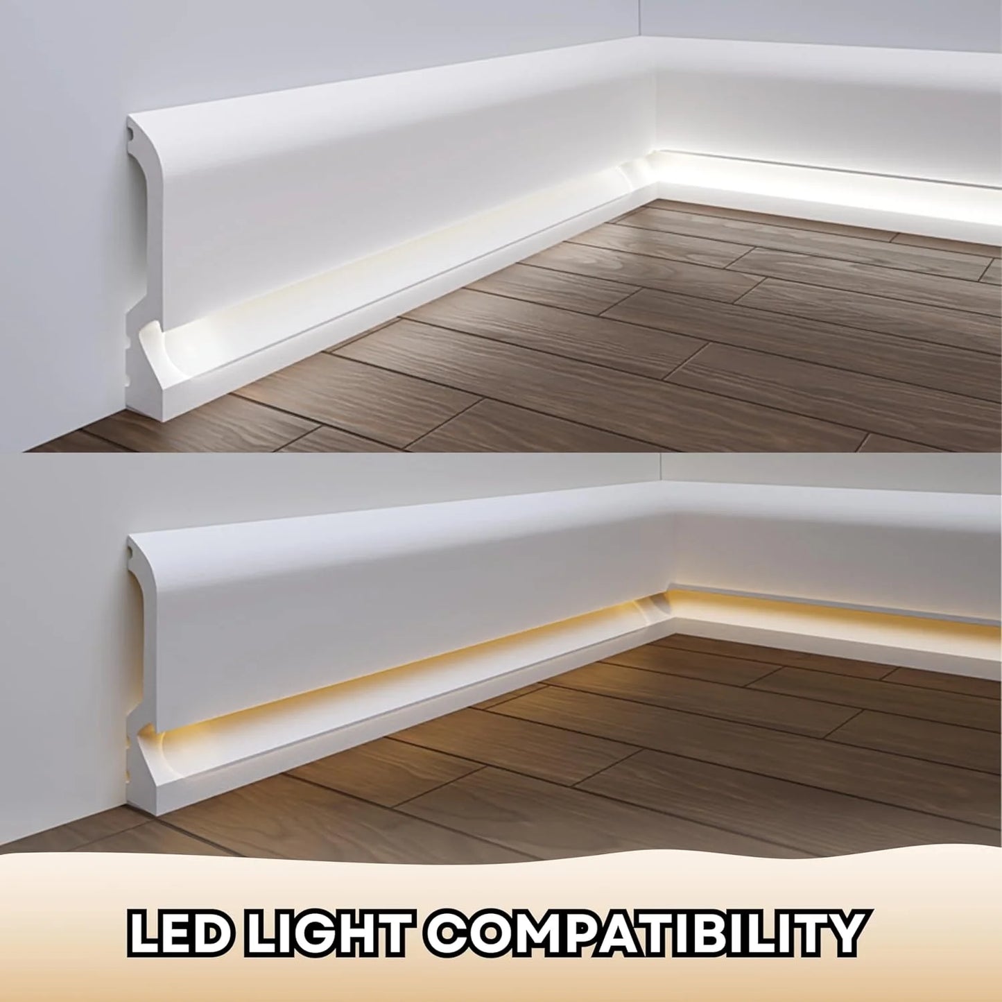 TUALCA 7-Piece 94.5? (55.12 ft) LED Baseboard Molding with Duct Kit for Seamless Ambient Home Accent Lighting | Waterproof Channel for Easy LED Strip Installation (Baseboard MOLDING with LED Duct)