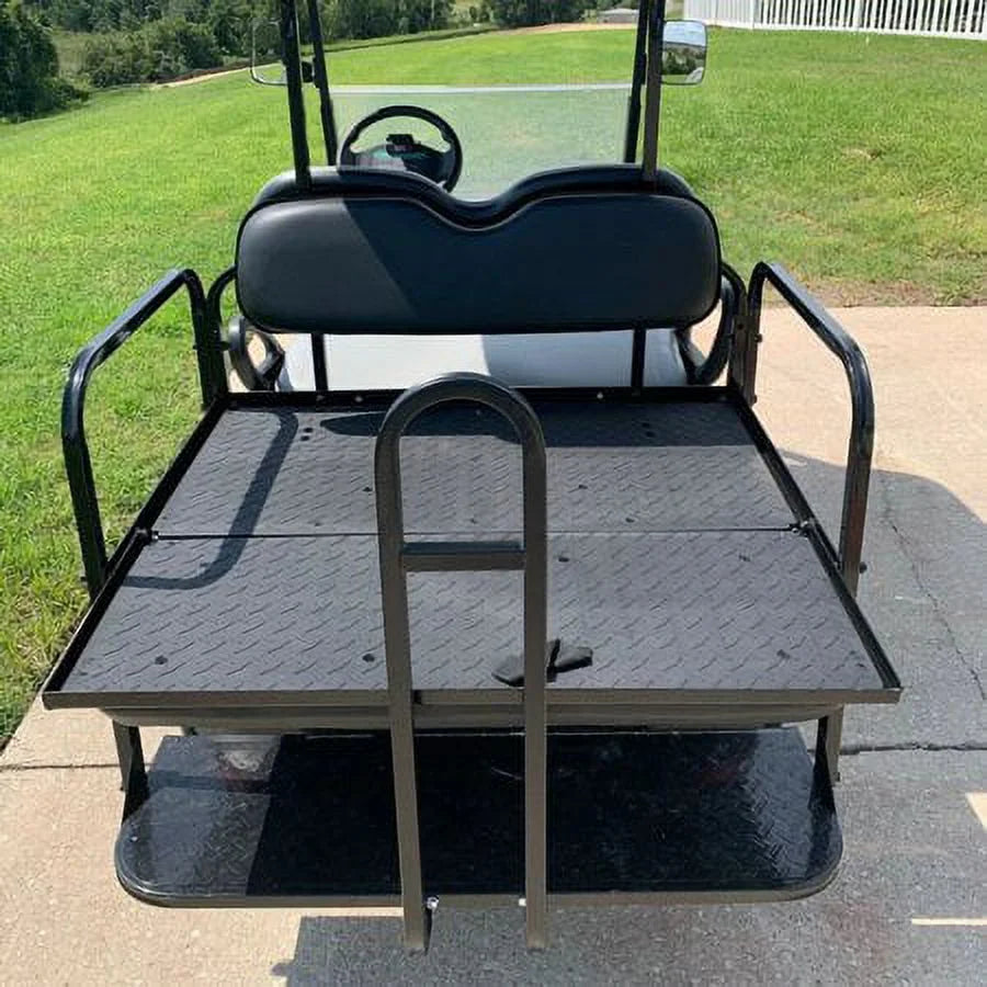 Kojem Flip Folding Rear Black Seat Kit for 2004-up Club Car Precedent Gas or Electric Models Golf Cart w/Extra Handle Bar w/Roof Support - 3 Packages & All Hardware