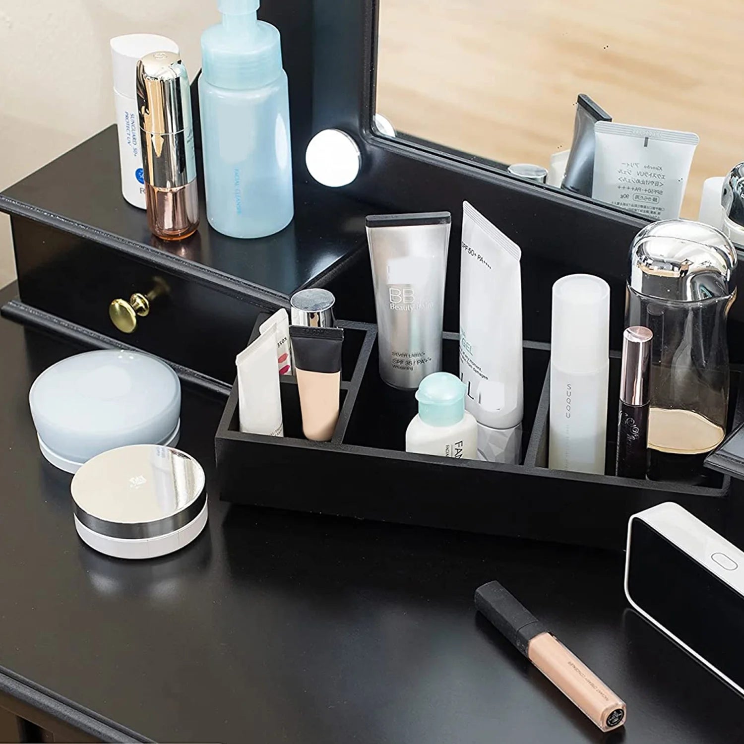 LilyFantasy Vanity Set with Mirror and Lights, Makeup Vanity for Women and Girls, Modern Make up Table and chair for Bedroom, 10 LED Light Bulbs & 3 Color Lighting Modes, White