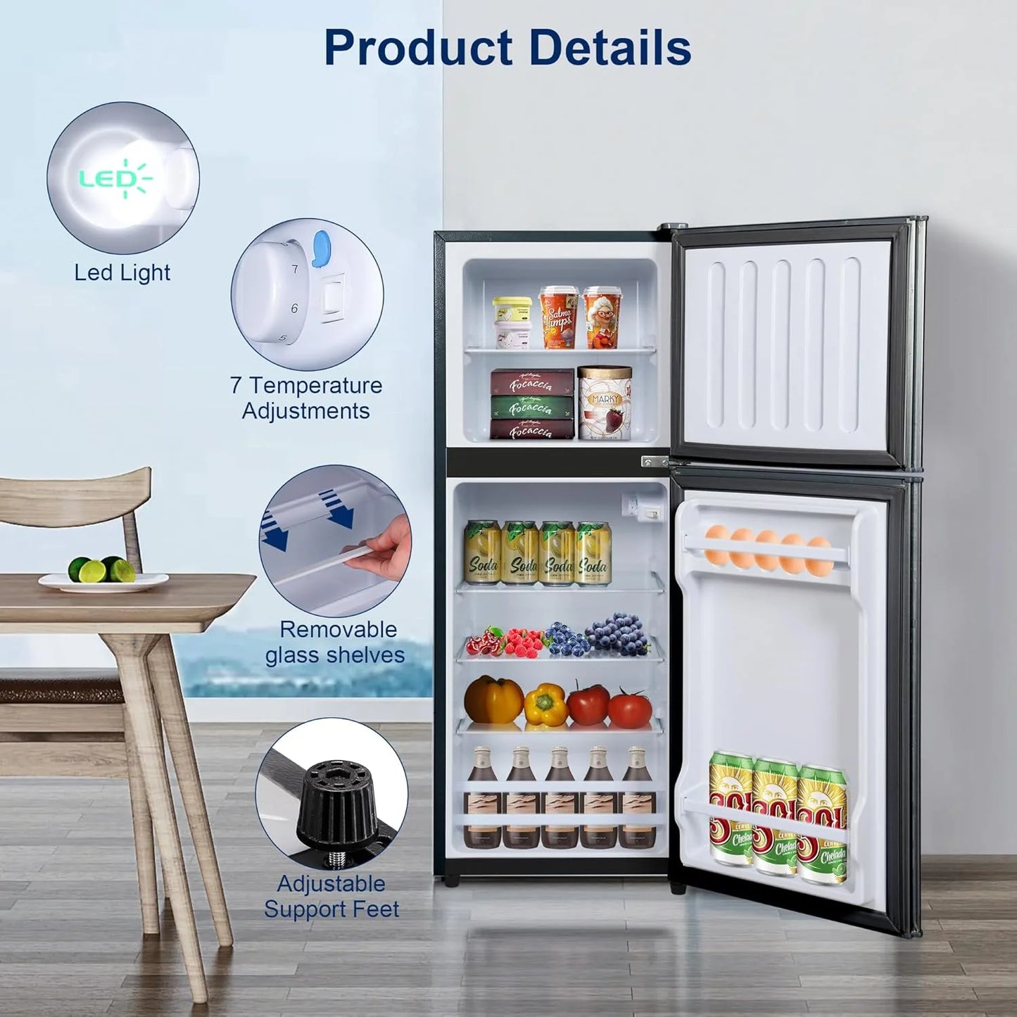 GGTB 4.8 Cu. Ft. Apartment Refrigerator with Freezer, Dorm Fridge with Adjustable Thermostat & Shelves, Mini Refrigerator Freezer for RV, Kitchen, Office, College, Black