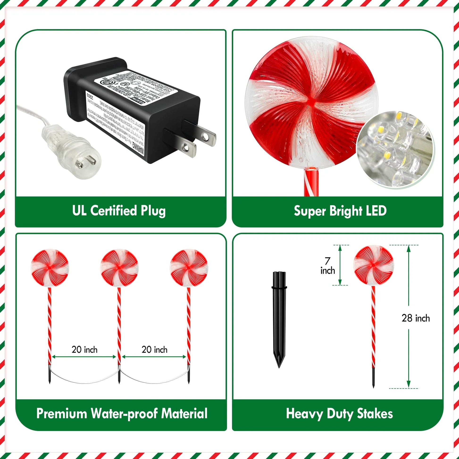 Set of 3 28inch Christmas Pathway Light Lollipop 8 Lighting Modes Flickering Candy Marker Waterproof Outdoor Christmas Decor Light