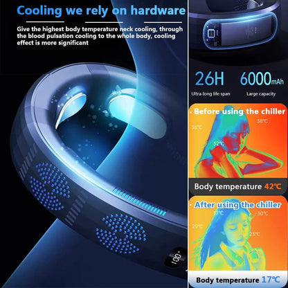 Neck air conditioner 26H ultra-long life, 6000mAh portable fan, semiconductor cooling ultra-quiet triple-core intelligent digital display and heating dual-use, navy-6000mAh (TC06)