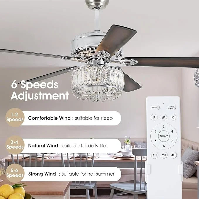 Kviflon 52" Farmhouse Ceiling Fan with Lights & Remote, Crystal Chandelier, Wood Blades, Quiet Motor, 6-Speed, Timer, Modern Lighting for Living Room, Bedroom, Dining Room, Chrome Finish