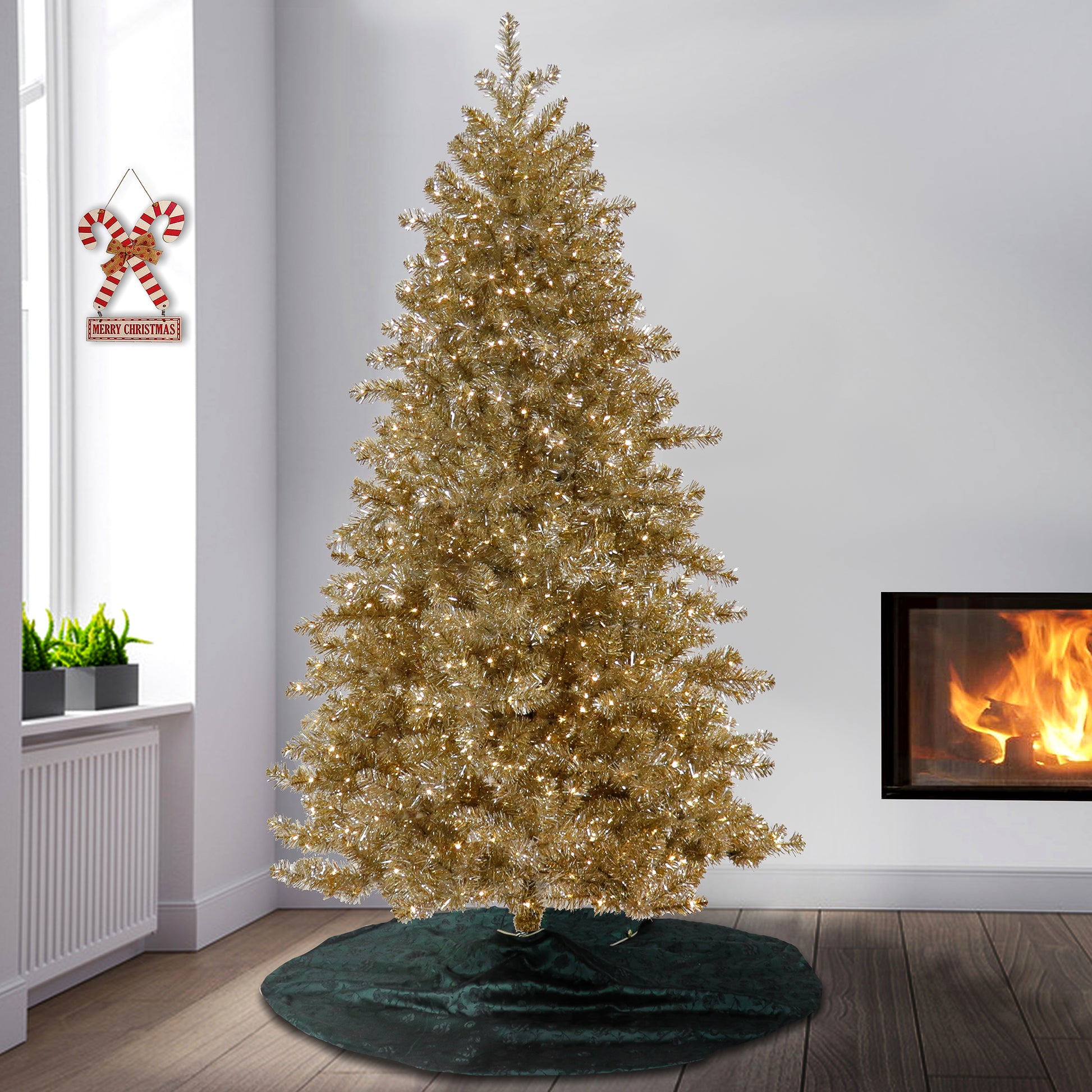 National Tree Company Pre-Lit Artificial Christmas Tree, Platinum, Tinsel, 1250 Warm White LED Rice Lights, Includes Stand, 7.5 Feet