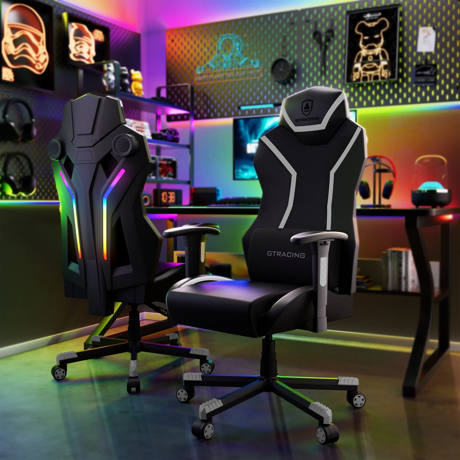 GTRACING LUFT-600 Gaming Chair with Bluetooth Speakers and LED Lighting, White