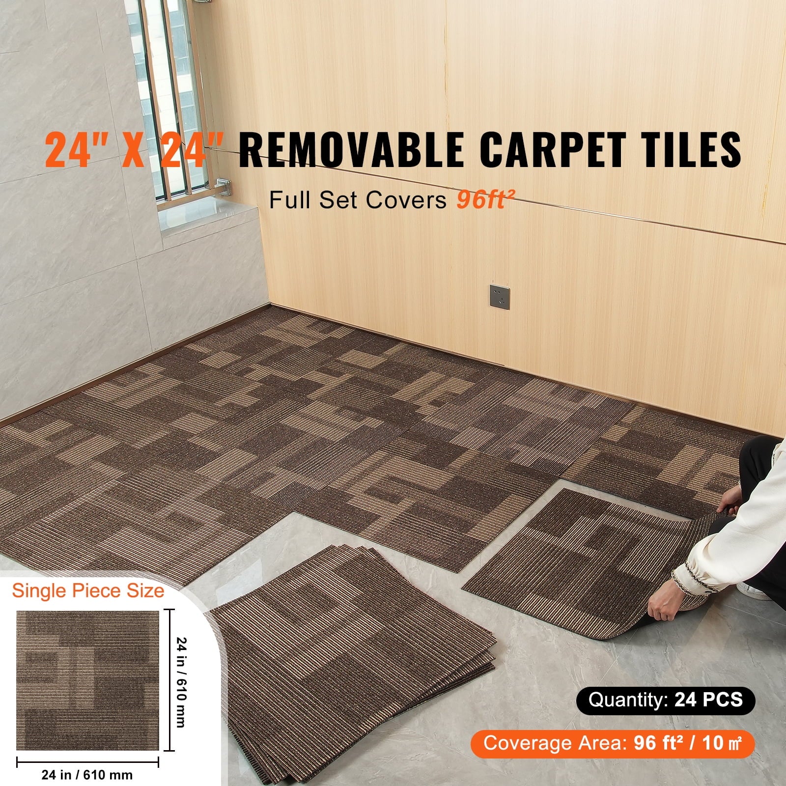 KFFKFF Carpet Squares, 24"x 24", Reusable with Attached Cushioning, Comfortable Padded Carpet Tiles, Simple Self-Installation for Living Room and Bedroom (24 Tiles, Varied Brown)