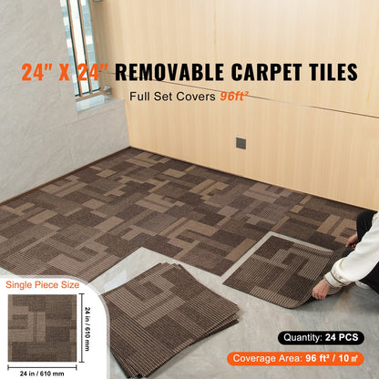 KFFKFF Carpet Tile Floor 24pcs Squares w/Padding Attached 20"x 20"Mixed Brown