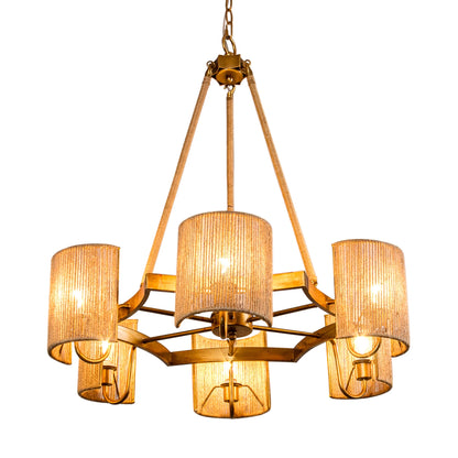 30'' Farmhouse Wood Chandelier, 6-Light Rustic Dining Room Light Fixture, Adjustable Height, Wood Pendant Lighting for Kitchen Living Room Hallway