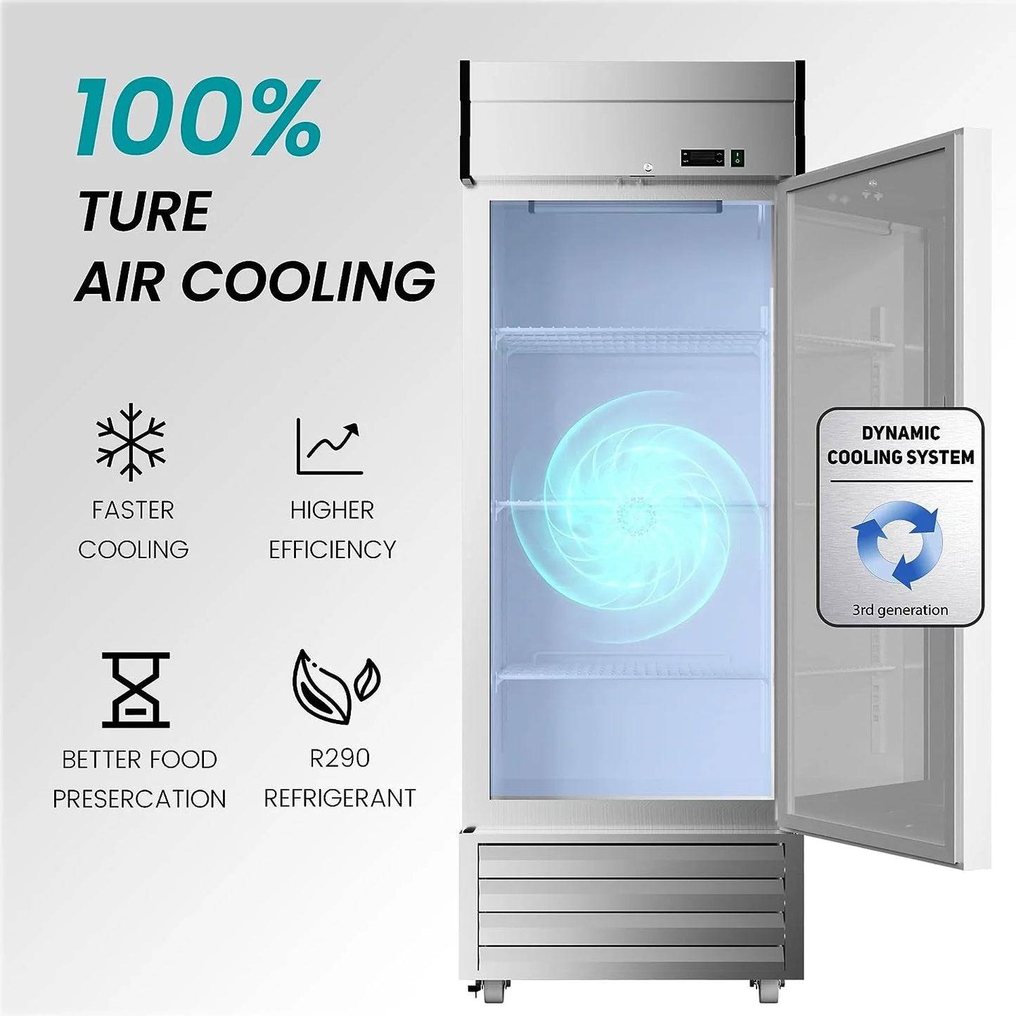 27"W Dynamic Cooling Commercial Freezer 23 Cu. Ft OmniSmart Temperature Control -10° F~10° F Self Closing Stainless Steel Reach-In Commercial Freezer Digital Thermostat LED Lighting 3 Shelves