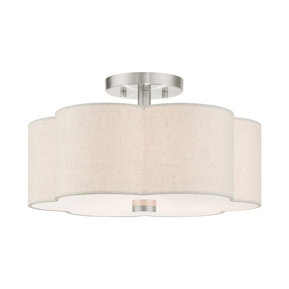 Livex Lighting Solstice 15" 3-Light Metal & Fabric Semi Flush in Brushed Nickel