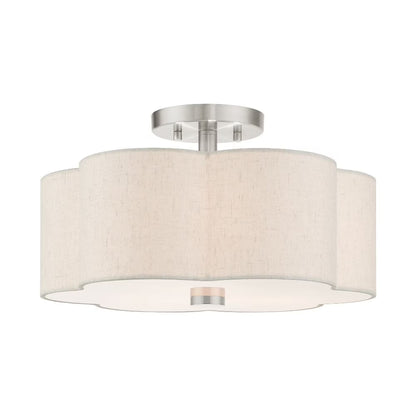 Livex Lighting Solstice 15" 3-Light Metal & Fabric Semi Flush in Brushed Nickel