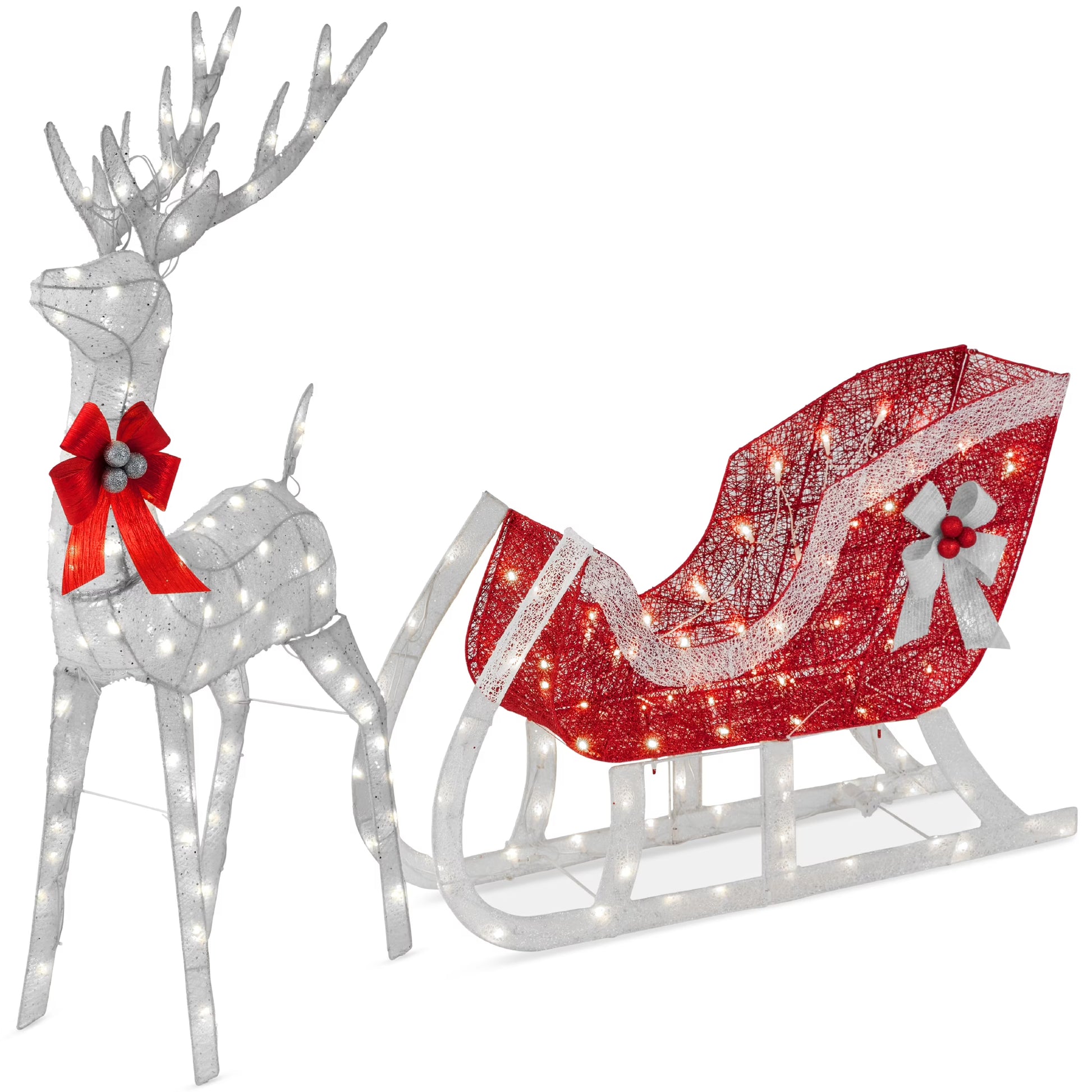 Best Choice Products Lighted Christmas 4ft Reindeer & Sleigh Holiday Outdoor Decor Set w/205 LED Lights, Stakes - Gold