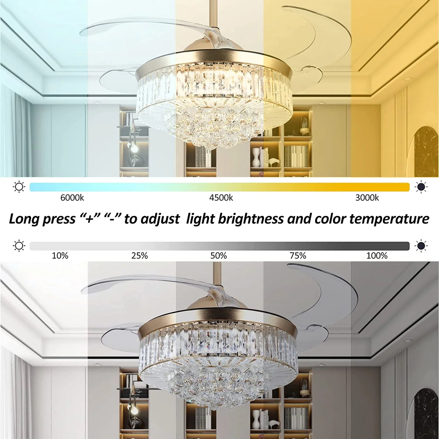 Datingday 42 Inch Crystal Ceiling Fan Golden Crystal Ceiling Fan Chandelier with Remote 6 Speeds 3 Colors Changes Lighting Fixture, 4 Blades Retractable Fans for Bedroom Living Room Dining Room