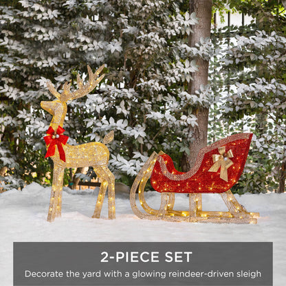 Best Choice Products Lighted Christmas 4ft Reindeer & Sleigh Outdoor Yard Decoration Set w/205 LED Lights, Stakes