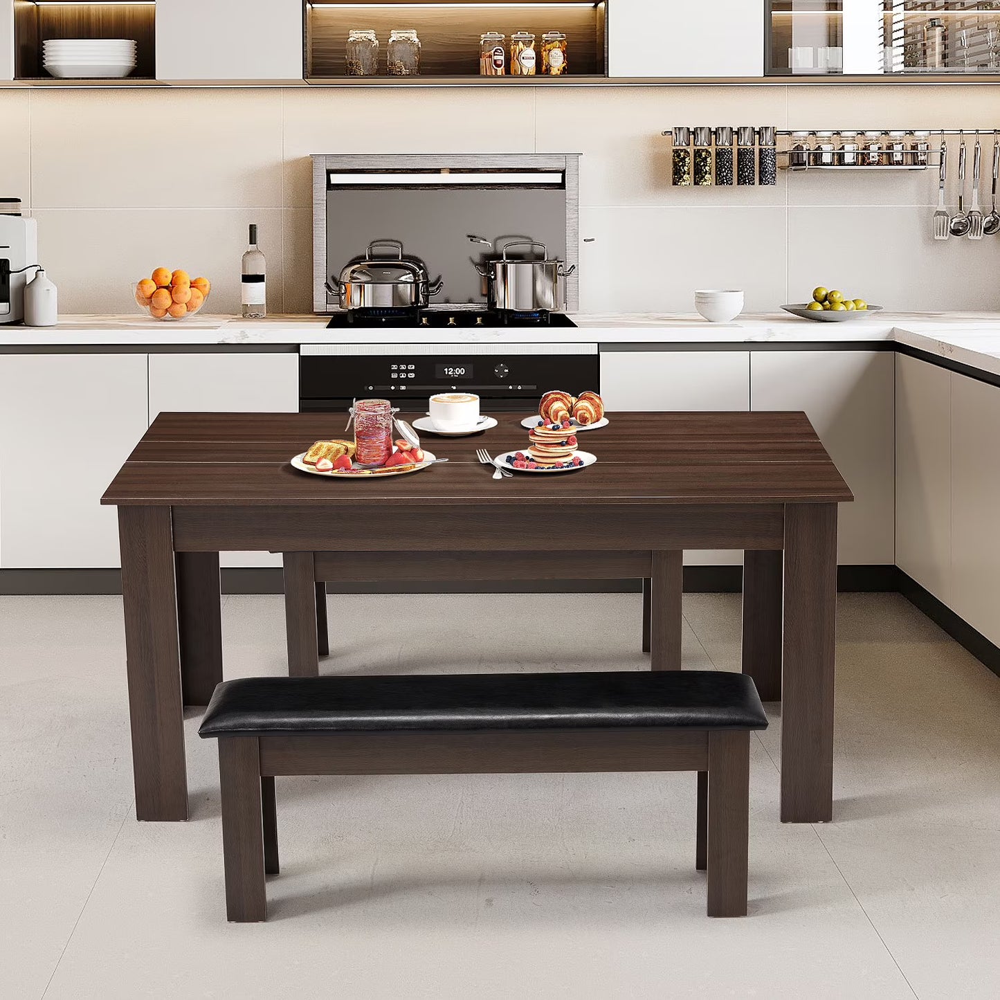 AVAWING 44" Dining Room Bench Set of 2, Wood & Linen Fabric Kitchen Benches, Beige & Natural