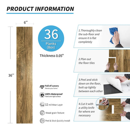 Self-adhesive 6" x 36" x 0.05" Luxury Vinyl Plank(36 pack)