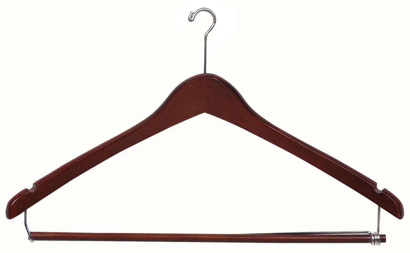 Wooden Curved Suit Hanger with Anti-Theft Mini Hook and Locking Bar, Walnut Finish with Chrome Hardware, Box of 100