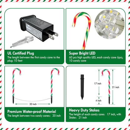 Christmas Candy Cane Lights 21 Inch 10 Pack 8 Lighting Modes Flickering Candy Pathway Marker Outdoor Indoor Waterproof UL Listed Christmas Lighting Decoration Light