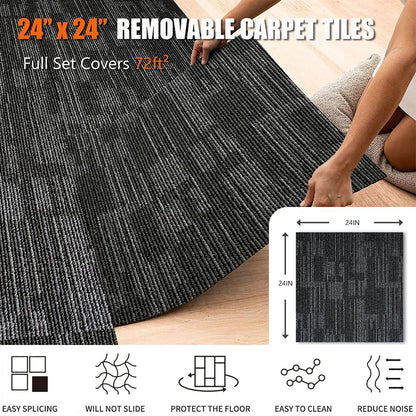 LITA Dark Grey 24" x 24" Carpet Tiles Reusable DIY Carpet Squares for Home Commercial, 18 Pcs (72 Sq.Ft)