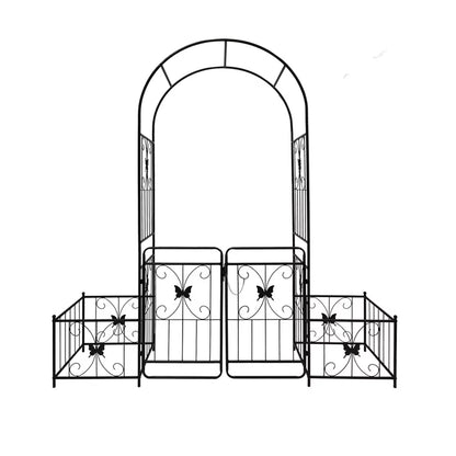 IVV 7.2ft Garden Arbor Arch with Gate and Side Planter Box, Wedding Arch Archway for Ceremony Party, Trellis for Plant Climbing, Christmas Decorations Pergola for Backyard, Lawn, Patio, Yard (Black)