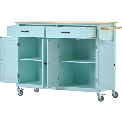 Kitchen Storage Islands& Carts with Solid Wood Top and Locking Wheels, Kitchen Island Cart with 4 Door Cabinet and Two Drawers, Kitchen Cabinets for Kitchen and Dining Room, Green