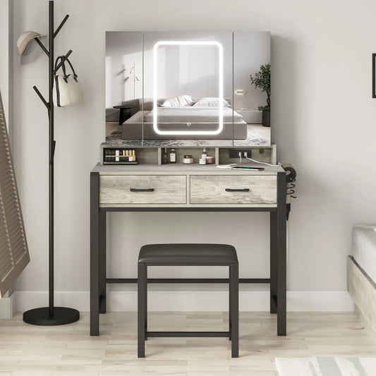 35.4in Makeup Vanity Desk with LED Lighted Mirror and Power Strip, Tri-Fold Mirror Makeup Table with Hair Dryer Rack,2 Drawers Vanity Set with Hidden Storage Shelves,3 Color Lighting Modes