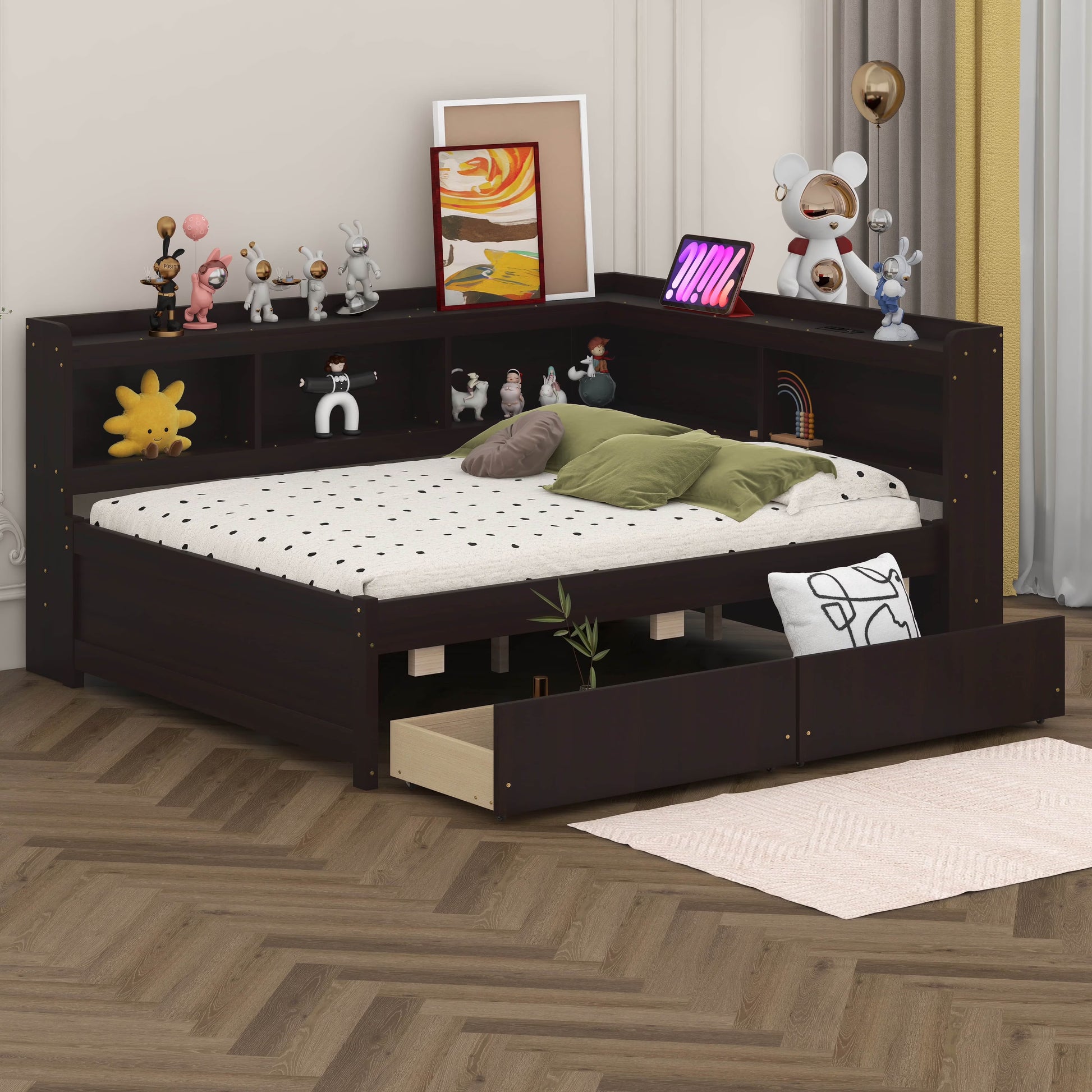 BEBPILOO Twin Size L-Shaped Bookcase Bed with Electrical Outlet, USB Charging Port, Two Drawers, Gray