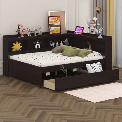 BEBPILOO Twin Size L-Shaped Bookcase Bed with Electrical Outlet, USB Charging Port, Two Drawers, Gray