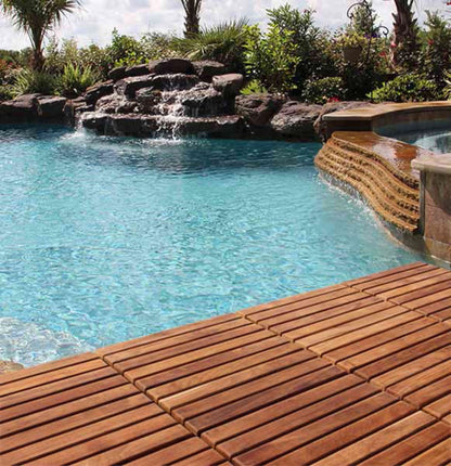 Bare Decor EZ-Floor Interlocking Flooring Tiles in Solid Teak Wood (Set of 10), Long 9 Slat