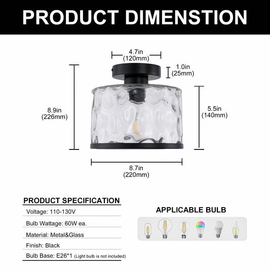 LOHASLED Industrial Semi Flush Mount Ceiling Light with Clear Hammered Glass,Black ,Modern Lighting for Hallway, Porch, Kitchen, Bathroom, Bedroom