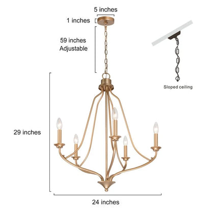 Modern Glam Gold 5-light Empire Wheel Chandelier Candle Ceiling Lighting for Foyer, Stairs - D24" x H89"