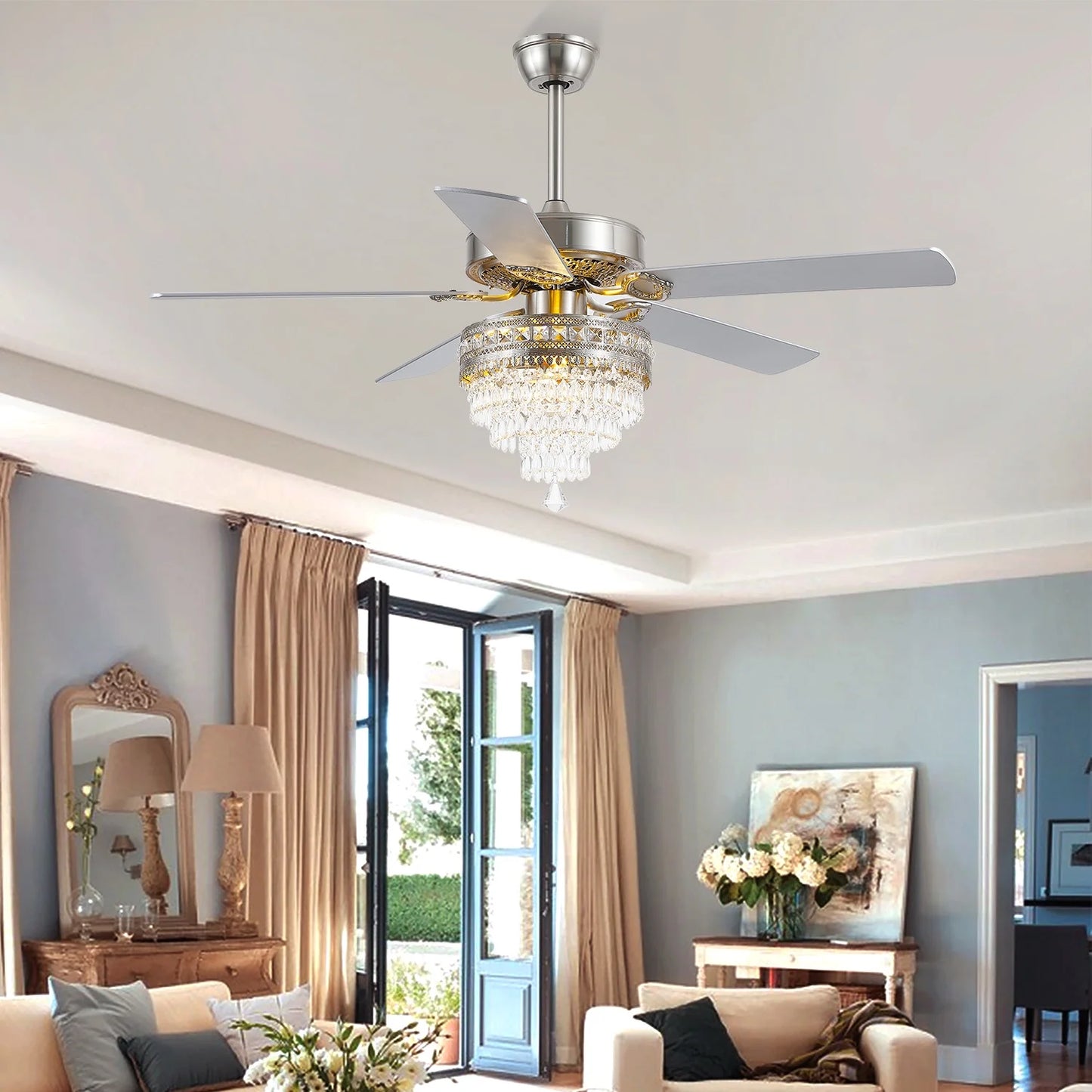 YIOSI 52" Crystal Ceiling Fan Fandelier with Remote Control, Modern Chrome Chandelier Ceiling Fan, Whisper-Quiet Motor, Reversible Blades, LED Lighting, Energy-Efficient, Elegant Living Room Fan
