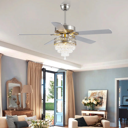 YIOSI 52" Crystal Ceiling Fan Fandelier with Remote Control, Modern Chrome Chandelier Ceiling Fan, Whisper-Quiet Motor, Reversible Blades, LED Lighting, Energy-Efficient, Elegant Living Room Fan