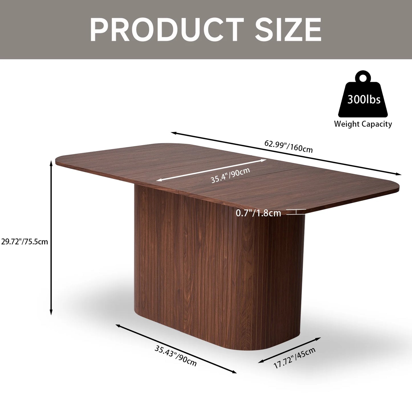 HJhomeheart 63" Rectangle Dining Table for 4 6 Person, Rounded Corners, Wood Strip Pedestal Base, Rustic Farmhouse Modern Breakfast Dinner Kitchen Table