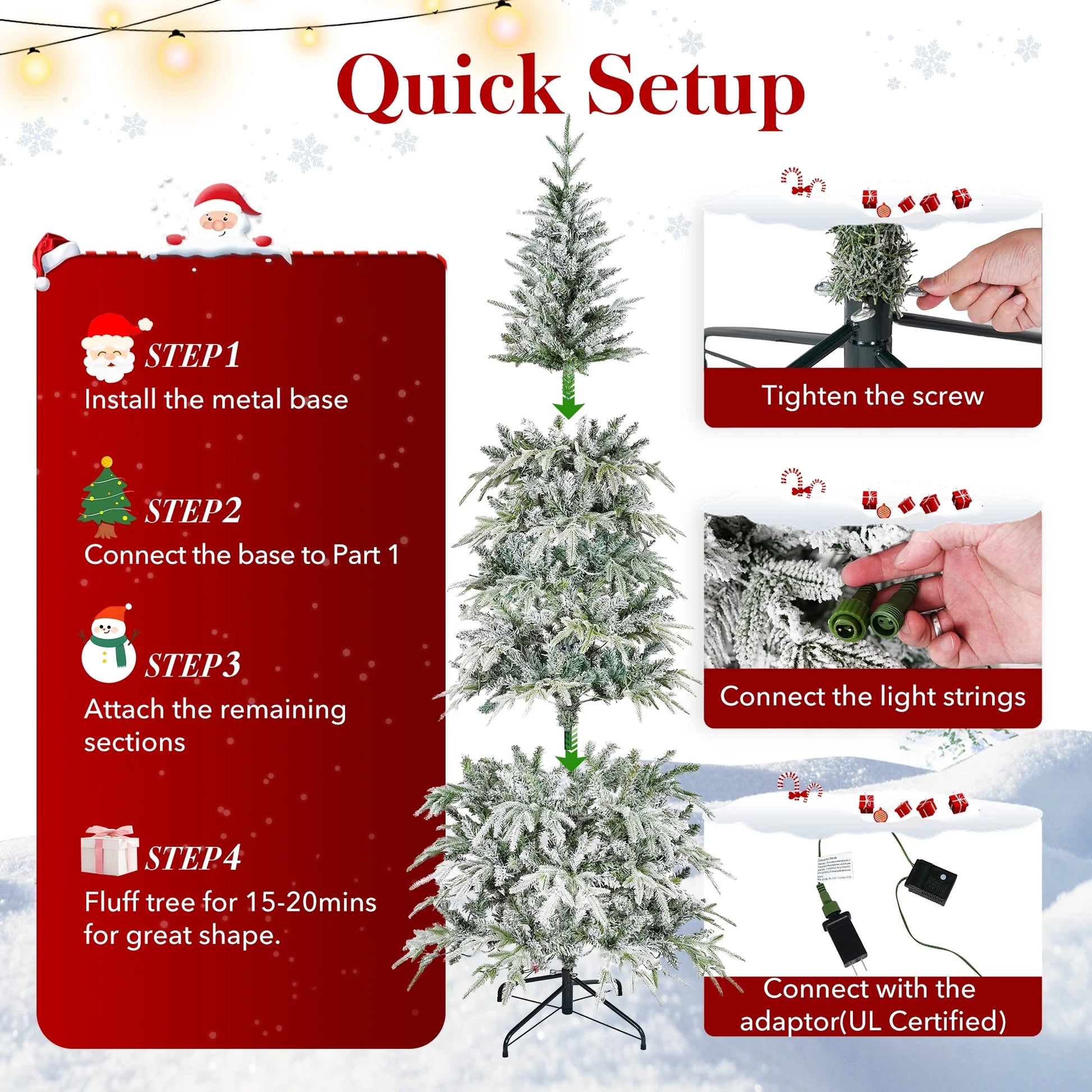 Qunler 7ft Pre-lit Snow Flocked Artificial Christmas Tree with 300 Warm Lights 8 Modes, 700 PE+PVC Snowy Branches, White