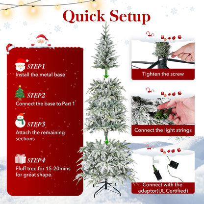 Qunler 7ft Pre-lit Snow Flocked Artificial Christmas Tree with 300 Warm Lights 8 Modes, 700 PE+PVC Snowy Branches, White