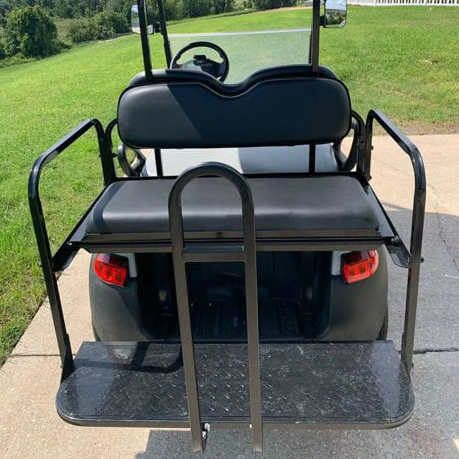 Kojem Flip Folding Rear Black Seat Kit for 2004-up Club Car Precedent Gas or Electric Models Golf Cart w/Extra Handle Bar w/Roof Support - 3 Packages & All Hardware