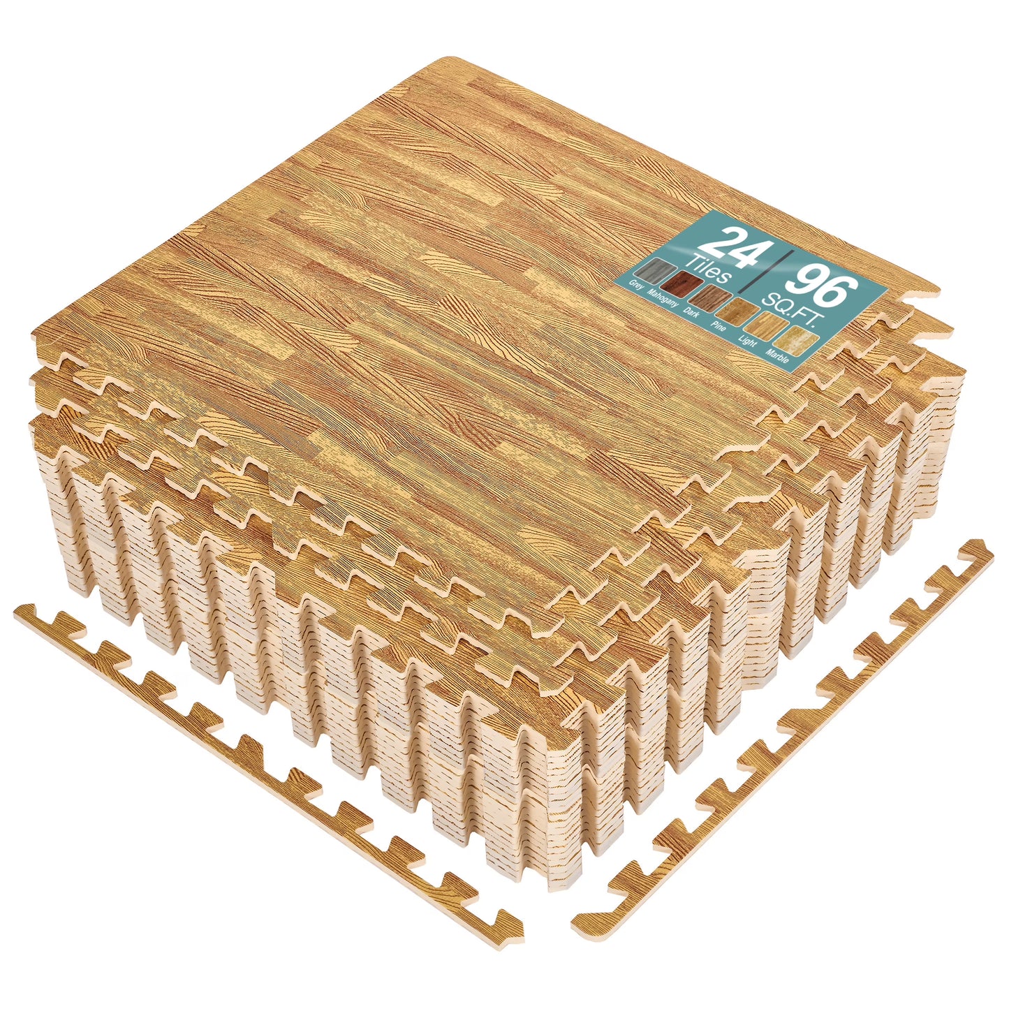 Sorbus 96 Sq. Ft. Wood Grain Floor Tiles Foam Mat EVA Interlocking Mats Tile 3/8-Inch Thick Flooring Wood Puzzle Exercise Mats w/Borders - Home Playroom Basement, Apartment, Trade Show, Baby, Dance