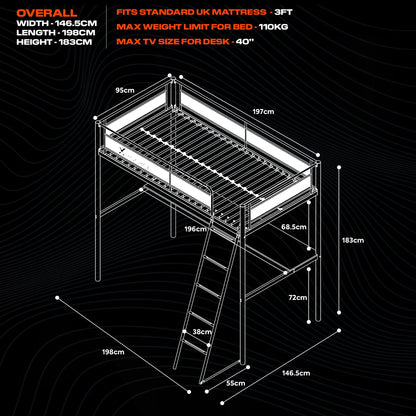 X Rocker HQ Gaming Bunk Bed with LED Lighting, Black, Twin